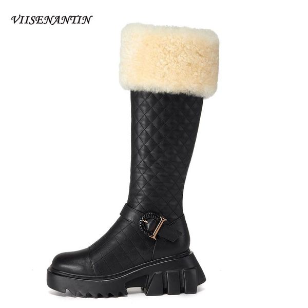 

new fashion winter knight boots trend all-match plush british style leather high tube sponge bottom belt buckle fur women boots, Black