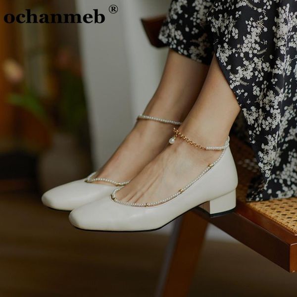 

ochanmeb genuine leather shoes women low block heels pumps beige brand designer pearls chain party wedding shoes spring, Black