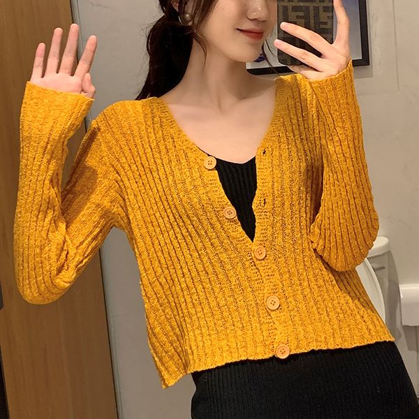 

Solid color V-neck knitted Cardigan Jacket Women's spring and autumn thin 2020 new style with slim fit short top, White;black