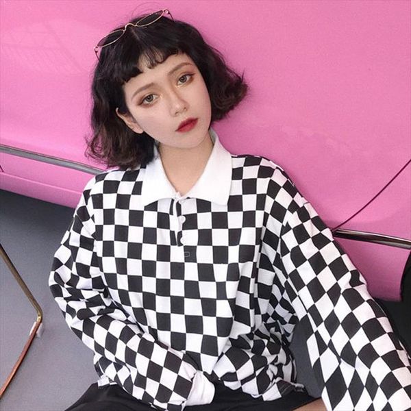 

harajuku checkerboard толстовки женщины осень толстовки хлопок винтажный сыпучие нагрудные двойной кнопка пуловер колледж толстовки женский, Black