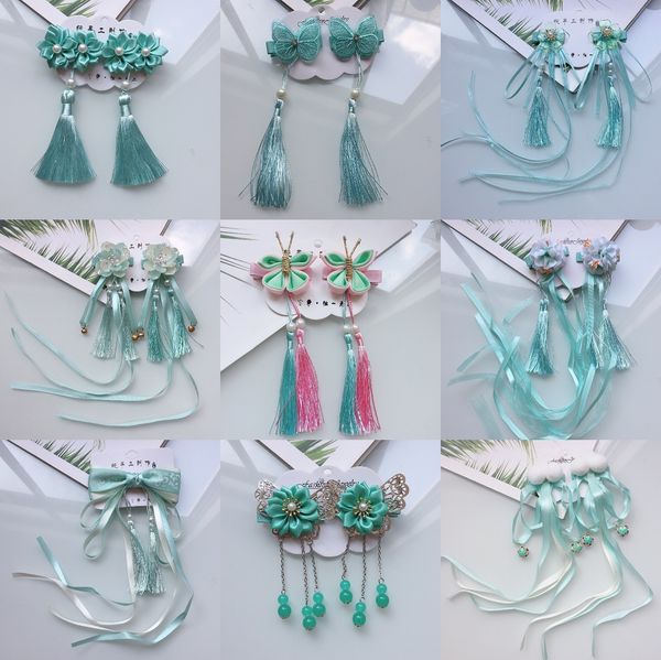

turquoise antique little girl hairpin hanfu accessories children princess pair clip retro and wind hair accessories, Slivery;white