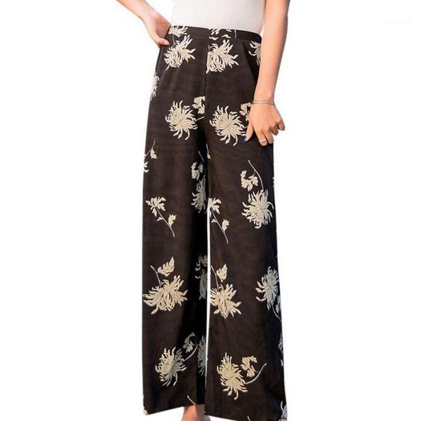 

women chiffon ankle-length pants summer thin elastic high waist casual bench style floral printed loose wide leg pants1, Black;white