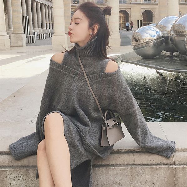 

длинный шерстяной над коленом и высокого длинного skirtwinter женщины платье воротник вязаного набором платья с двумя кусками на осень зима, Gray