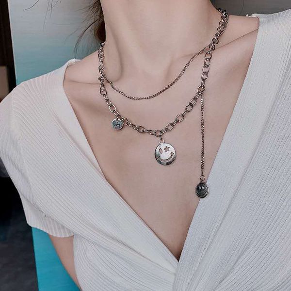 

hip hop personality ins new double layer smiling face necklace women's clavicle chain fashion titanium steel neck chain versatile fashi, Silver