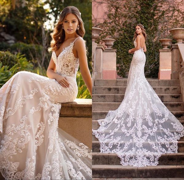 

2021 mermaid full lace wedding dresses vintage spaghetti straps appliques beach bridal gowns designer backless sweep train robe de mariee, White