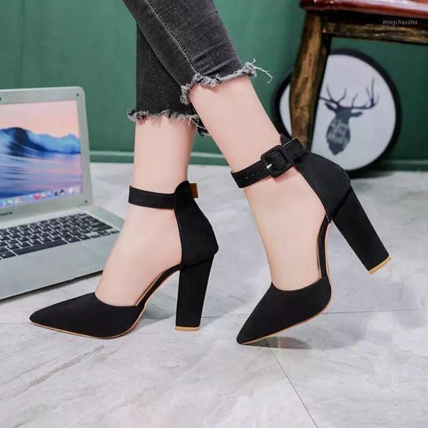 

dress shoes women autumn spring pumps modern classic chunky high heel pointed toe ankle buckle office plus size 431, Black