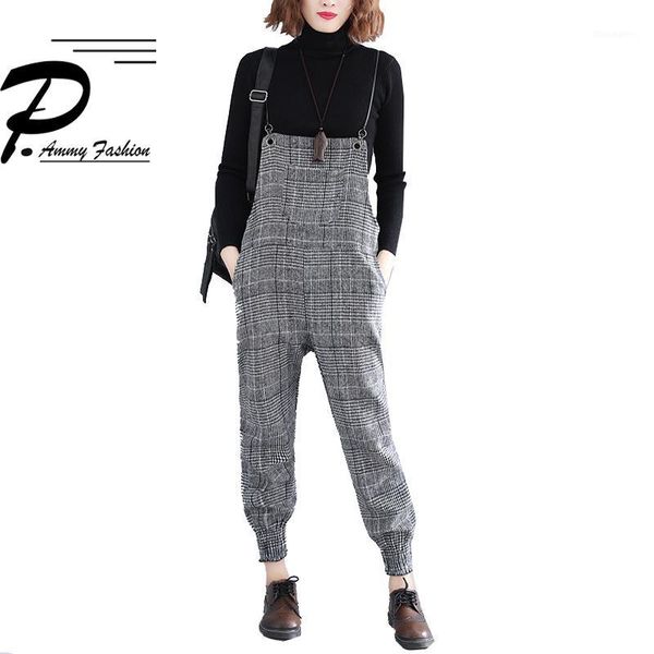 

england style plaid wool narrow pants fall winter vintage checkered jumpsuits big pocket playsuits overalls european rompers1, Black;white