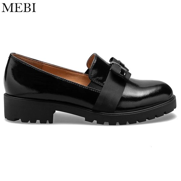 

mebi women flats genuine leather loafers round toe casual shoes woman slip-on bowtie flats patent leather women shoes lj200812, Black