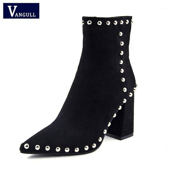 

vangull 2020 new autumn winter flock rivets boots women fashion flock ankle boots ladies plush lined female shoes1, Black