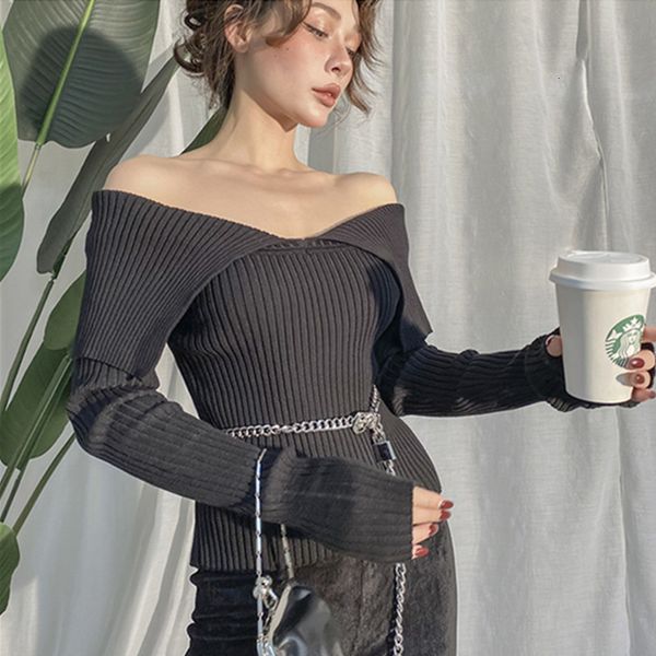 

2021 autumn new lean female solid elastic shirt with v-off cleavage off the casual shoulder fashion streetwear s all-match 14o4, White;black