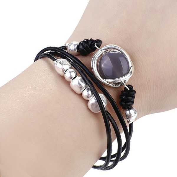 

flashbuy натуральный камень многослойные кожаные браслеты для женщин мода сплава подвески металлические бусины браслет bangles подарок на де, Golden;silver