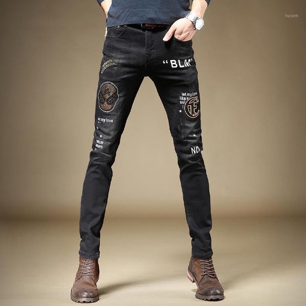 

men fashion printed black jeans rhinestones straight slim fit pants streetwear embroidery denim trousers1, Blue