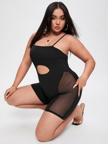 

plus mesh insert cut out cami romper e7ka#, Black
