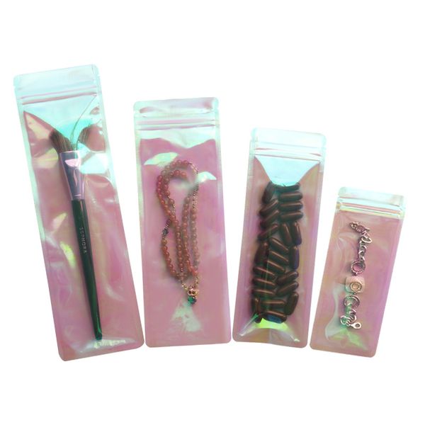 Forma longa do arco-íris Auto-de-rosa selo Bag Iridescent Limpar Lipgloss sacos para embalagem plástica Cosmetic Laser Zipper saco LX3258
