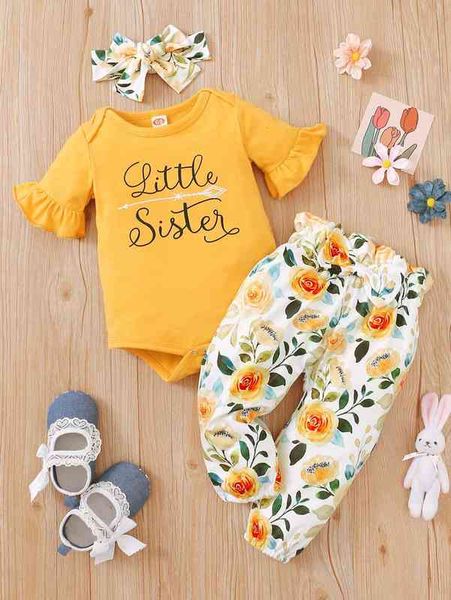 

baby letter graphic bodysuit & floral bow front pants & headband she, White