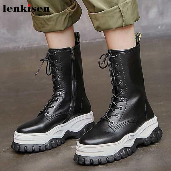 

lenkisen genuine leather fashion tooling boots lace up round toe waterproof winter keep warm mixed colors mid-calf boots l11, Black