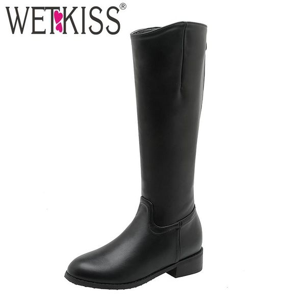 

wetkiss knee high boots women low heels boot round toe shoes female motorcycle shoes ladies zip winter plus size 32-46, Black