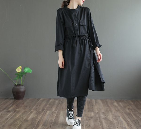 

autumn new round neck long sleeve women's large solid pocket dress dress temperament gentle skirt 4336 s1vsh, Black;gray