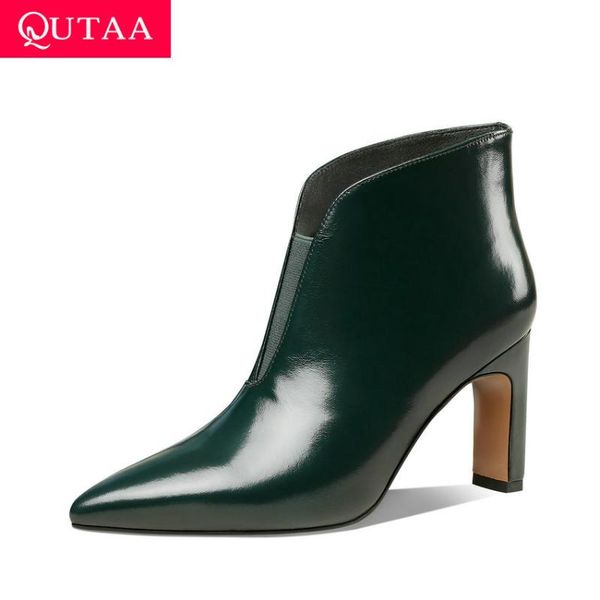 

qutaa 2021 ankle boots pu leather pointed toe ladies shoes autumn winter square high heel fashion women boots size 34-42, Black
