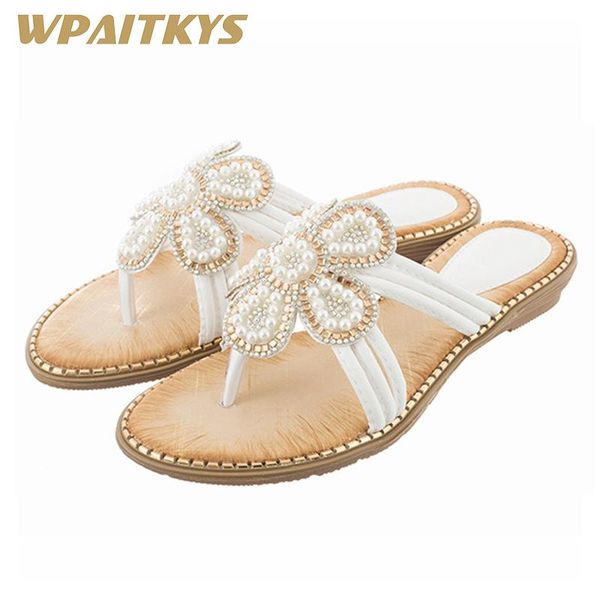 

2020 new black white pink blue seven colors sandals woman fashion rhinestone pearl casual women's sandals birthday present