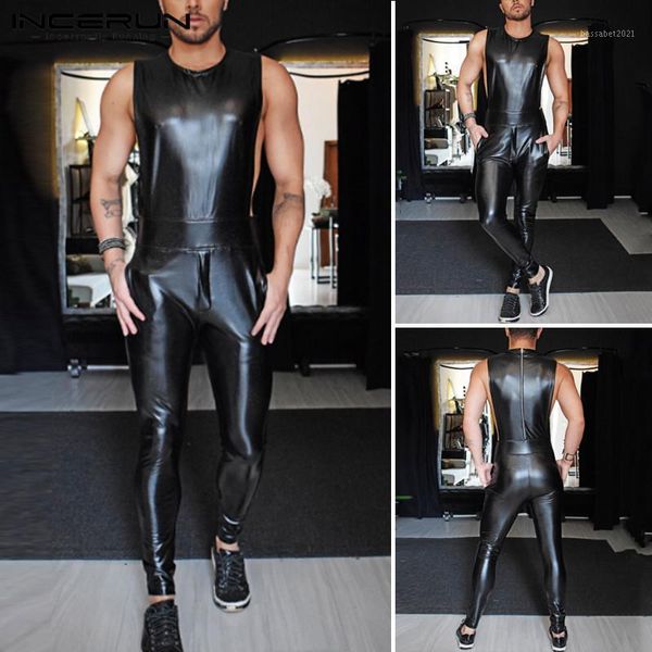 

men's pants fashion sleeveless jumpsuits fitness men round neck rompers leisure faux pu leather zipper overalls man party incerun1, Black