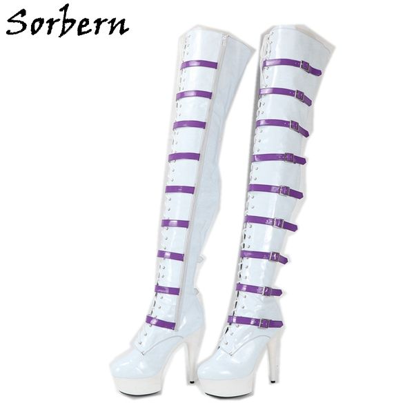 

sorbern 15cm high heel white boots women customized long mid thigh high boot lady stripper heels lace up slim fit wide fit boot, Black
