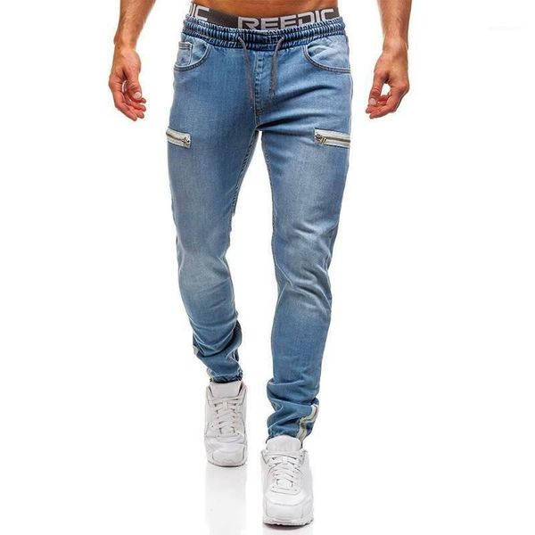 

vicabo drawstring men jeans hombre ripped hole straight denim long trousers plus size 2020 fashion mens pants1, Blue