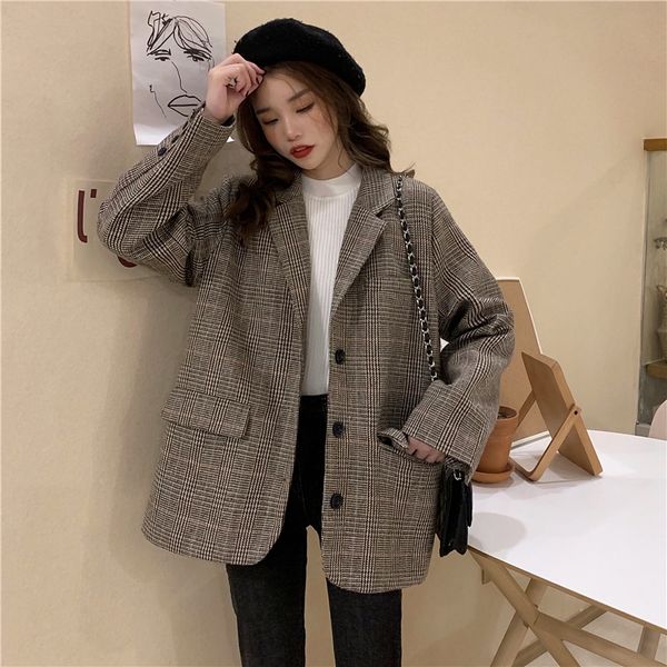 

temperament plaid jacket with cotton, korean loose and thin, versatile woolen jacket, White;black
