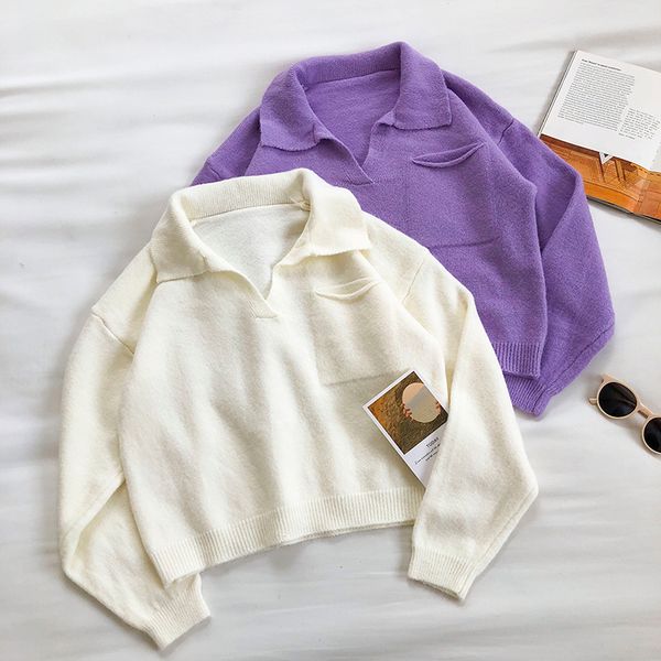 

designer pullover knit sweater 2021 autumn and winter new korean design pocket sweater womens loose lapel long sleeve pullover, White;black