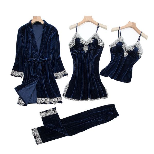 

2021 new oversized women's autumn winter golden velvet pajama set with lace solid homewear vintage nightdress female sleepwear 02re, Black;red