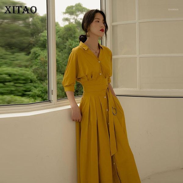 

xitao bandage women dress 2020 spring high waist single breast elegant goddess fan casual style waist elegant dress xj39841, Black;gray