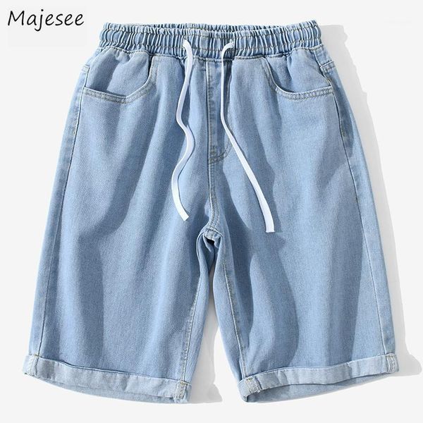 

men jeans denim knee-length solid straight loose elastic waist drawstring simple fashion all-match summer casual bottoms leisure1, Blue