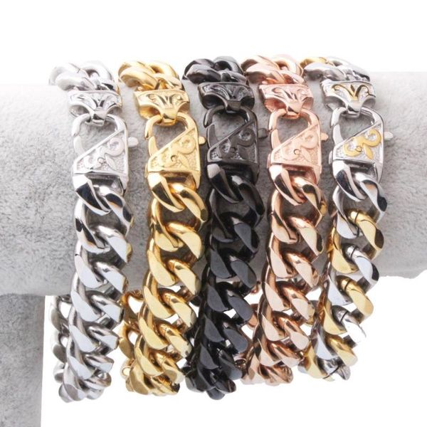 

12/15mm trendy silver color/gold/black stainless steel cuban curb link chain mens womens bracelet wristband 7-11inch choose
