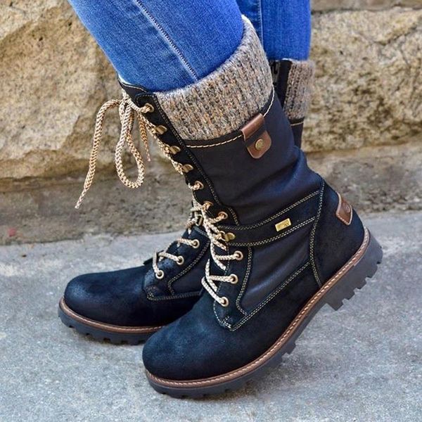 

2020 winter women boots knitted patchwork warm mid-calf boots female booties casual outdoor punk non-slip ladies, Black