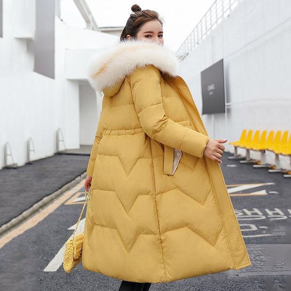 

2021 Long Women Winter Jacket Cotton Padded Hooded Fur Collar Female Long Parka Slim Plus Size Thick Korean Style Coat Ladies, Black