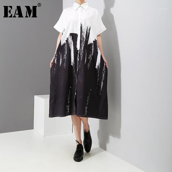 

eam] women prints split joint short big size blouse new lapel short sleeve loose fit shirt fashion spring summer 2020 1d75101, White