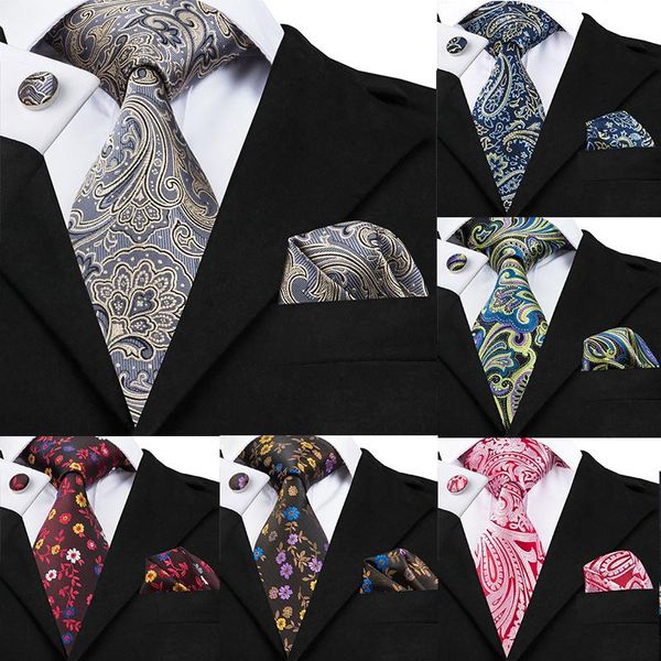 

3pcs $9.99 gift men tie red green gold blue paisley silk wedding tie for men dibangu designer hanky cufflinks set, Black;gray