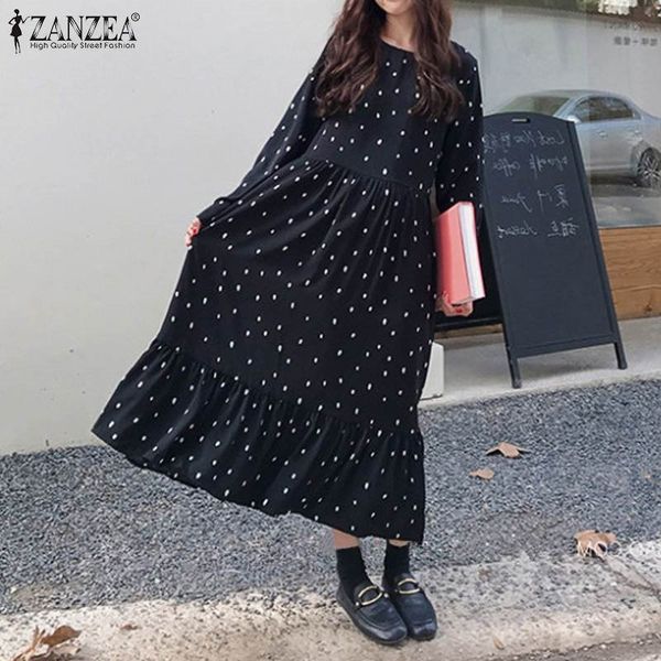 

zanzea autumn women dress maxi long vestidos bohemian polka dot ruffles hem summer sundress beach robe femme long shirts y200102, White;black
