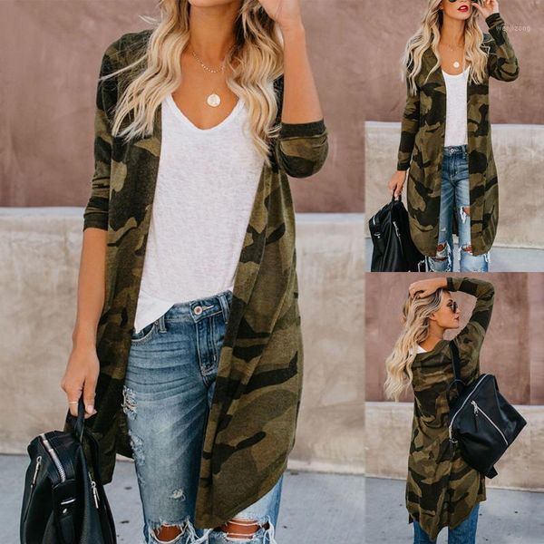

female ladies long cardigan camouflage long sleeve coat parka outerwear1, Tan;black