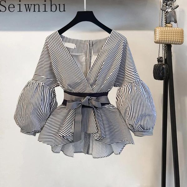 

s-3xl elegant casual blouse women autumn new lantern sleeve sashes bow v-neck striped/white shirt blusas mujer de moda 20201