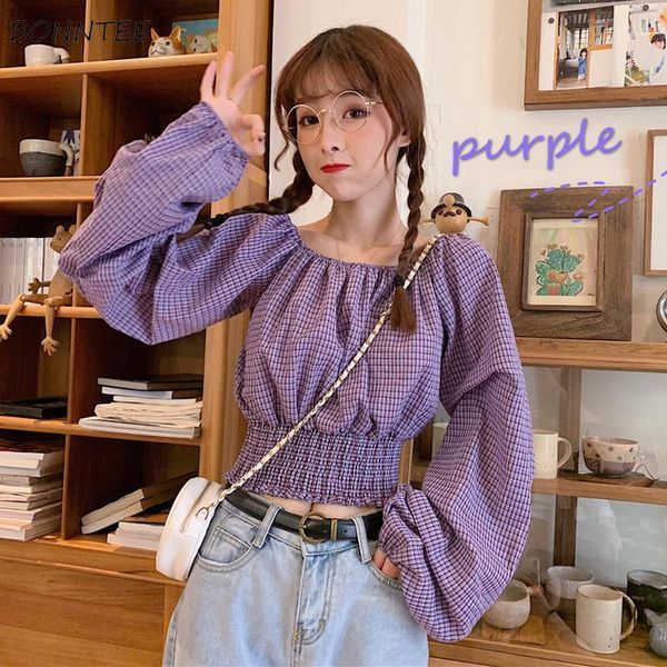 

plaid shirts women 2020 spring autumn lantern long sleeve slash neck sweet girls korean slim short crop womens tide1, White