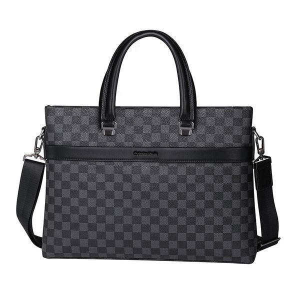 

men's handbag leather briefcase business shoulder bag classical black plaid 14-inch computer bag simple men's handbag