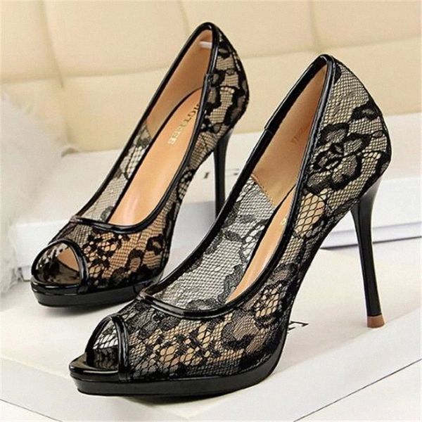 

fashion summer lace mesh peep toe sandals ladies pumps women 9.5cm thin high heels sweet wedding party shoes stilettos #5y0x, Black