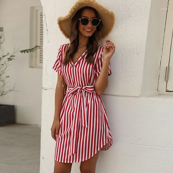 

short sleeve shirt dress summer boho beach dresses women casual striped print a-line party dress v-neck1, Black;gray