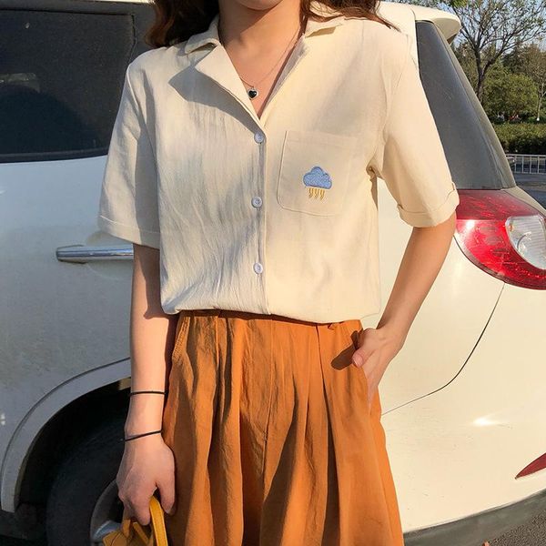 

cartoon print blouses shirts womens summer short sleeve women cotton shirts, White