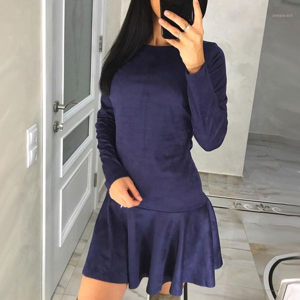 

wholesale-2017 women vintage elastic high waist suede short dress long sleeve o-neck ruffles party dresses ladies casual clothing1, White;black