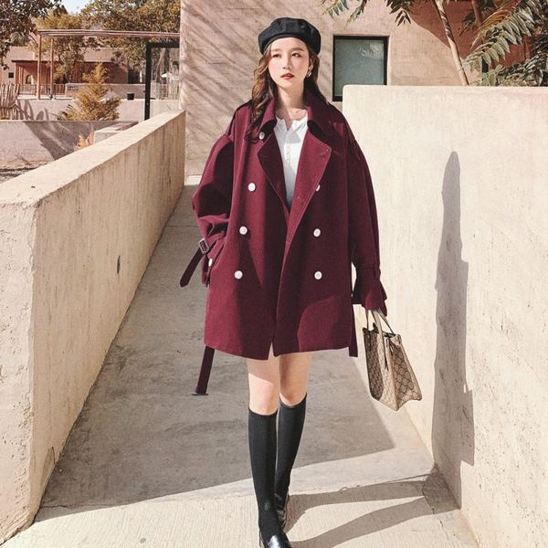

autumn oversized waist-tight short style trench turn-down collar belt double breasted high waist coat women outwears, Tan;black