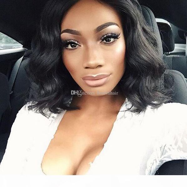 

lace front human hair wig wavy short natural wave pre-plucked hairline brazilian virgin hair 150% density full lace wig bleached knots, Black;brown