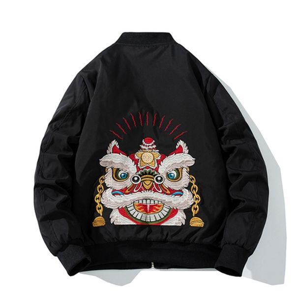 

2021 new winter men of chinese embroidery women lion baseball jacket retro streetwear outerwear male qg2y, Black;brown
