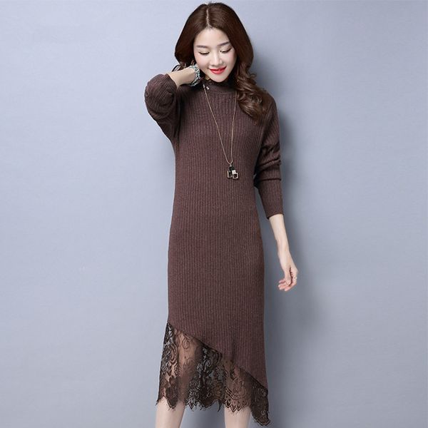 

2021 new autumn winter fashion knitted long nightgown lace dress casual women's clothes wxf656 3f80, Black;gray
